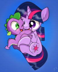 Size: 1647x2059 | Tagged: safe, artist:dsana, spike, twilight sparkle, dragon, pony, unicorn, g4, baby, baby dragon, baby spike, blue background, cute, dsana is trying to murder us, duo, female, filly, filly twilight sparkle, hug, male, one eye closed, open mouth, simple background, spikabetes, spikelove, twiabetes, unicorn twilight, younger