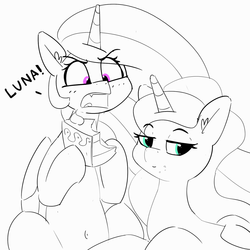 Size: 1500x1500 | Tagged: safe, artist:pabbley, princess celestia, princess luna, alicorn, pony, g4, angry, cake, cake theft, cakelestia, crumbs, dialogue, ear fluff, food, lidded eyes, monochrome, open mouth, partial color, smug, smugluna, this will end in tears and/or a journey to the moon
