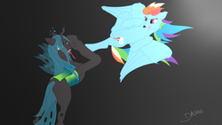 Size: 1920x1080 | Tagged: safe, artist:dashiie, queen chrysalis, rainbow dash, changeling, g4, angry, block, fangs, fight, forked tongue, gradient background, kick, kicking, request, teary eyes, tongue out