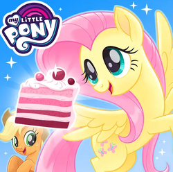 Size: 509x505 | Tagged: safe, applejack, fluttershy, earth pony, pegasus, pony, g4, app icon, cake, duo, duo female, female, food, my little pony logo, spread wings, stock vector, wings
