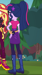 Size: 1242x2208 | Tagged: safe, screencap, sci-twi, sunset shimmer, twilight sparkle, equestria girls, festival filters, g4, my little pony equestria girls: better together, boots, clothes, fanny pack, geode of telekinesis, magical geodes, ponytail, shoes