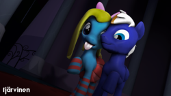 Size: 1920x1080 | Tagged: safe, artist:tjarvinengts, oc, oc only, oc:cuteamena, oc:electric blue, pegasus, pony, 3d, bow, clothes, couple, electricute, female, male, shipping, socks, source filmmaker, striped socks, tongue out