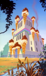 Size: 1206x1994 | Tagged: safe, composite screencap, edit, edited screencap, screencap, g1, my little pony tales, who's responsible, building, factory, fence, food, grass, ice cream, ice cream cone, ice cream factory, no pony, panorama, pollution, reeds, river, tree