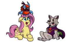 Size: 900x529 | Tagged: safe, artist:littletigressda, fluttershy, dog, pegasus, pony, anthro, g4, anthro with ponies, crossover, pyre, rukey greentail, simple background, ti'zo