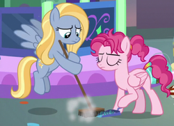 Size: 650x471 | Tagged: safe, screencap, bifröst, goldy wings, pegasus, pony, g4, she's all yak, background pony, broom, cropped, duo, dustpan, eyes closed, female, friendship student, hoof hold, mare, sweeping, tail wrap