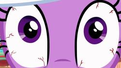 Size: 1280x720 | Tagged: safe, screencap, twilight sparkle, pony, unicorn, g4, it's about time, season 2, bloodshot eyes, close-up, creepy face, extreme close-up, female, golden oaks library, looking at you, mare, monitor everything, solo, soul piercing stare, vein