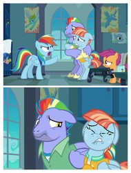 Size: 3106x4096 | Tagged: safe, screencap, bow hothoof, rainbow dash, scootaloo, windy whistles, pegasus, pony, g4, my little pony: friendship is magic, parental glideance, bipedal, crying, female, filly, foal, hug, male, mare, rainbow douche, sad, stallion, windybuse