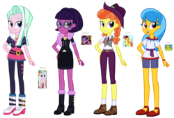 Size: 2592x1764 | Tagged: safe, artist:thecheeseburger, barbara banter, record high, sky sweeper, tender brush, winter lotus, pony, equestria girls, g4, background pony, blue hair, clothes, equestria girls-ified, fashion, female, glasses, hat, outfit, shoes, simple background, transparent background