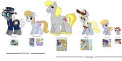 Size: 3888x1944 | Tagged: safe, artist:thecheeseburger, crackle pop, derpy hooves, dipsy hooves, graceful falls, hugh jelly, mr. zippy, earth pony, pegasus, pony, unicorn, g4, family, father and child, father and daughter, father and son, female, food, group, headcanon, looking at you, male, mother and child, mother and daughter, mother and son, muffin, shipping, siblings, simple background, smiling, transparent background