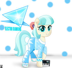 Size: 5700x5400 | Tagged: safe, artist:theretroart88, coco pommel, earth pony, pony, g4, 80s, absurd resolution, clothes, female, mare, polka dot background, raised hoof, simple background, smiling, solo, white background