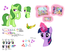 Size: 3960x3168 | Tagged: safe, artist:thecheeseburger, apple bloom, applejack, big macintosh, carrot top, cup cake, fluttershy, golden harvest, mayor mare, pinkie pie, rainbow dash, rarity, scootaloo, spike, starlight glimmer, sweetie belle, twilight sparkle, oc, oc:clover blossom, alicorn, pony, unicorn, g4, antagonist, colors, cutie mark, cutie mark crusaders, elements of harmony, female, green hair, green pony, high res, mane six, mare, oc villain, simple background, smug, transparent background, twilight sparkle (alicorn)