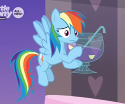 Size: 828x691 | Tagged: safe, screencap, rainbow dash, pegasus, pony, g4, she's all yak, cropped, female, mare, punch (drink), punch bowl, solo