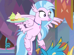 Size: 653x493 | Tagged: safe, edit, edited screencap, screencap, gallus, silverstream, classical hippogriff, hippogriff, she's all yak, animated, caption, cropped, cute, diastreamies, faic, female, flying, gif, text, tray, you look so weird
