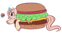 Size: 850x459 | Tagged: safe, artist:lulubell, oc, oc only, oc:lulubell, pony, burger, cannibalism, food, horse meat, magic, magic aura, meat, solo