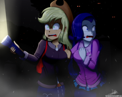 Size: 2160x1720 | Tagged: safe, artist:the-butch-x, applejack, rarity, equestria girls, g4, applejack's hat, birthday gift art, clothes, cowboy hat, duo, female, flashlight (object), freckles, gift art, hat, lesbian, night, open mouth, scared, ship:rarijack, shipping, signature, sweat