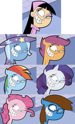 Size: 665x1097 | Tagged: safe, editor:undeadponysoldier, pinkie pie, rainbow dash, rarity, scootaloo, trixie, oc, oc:sandra garcia, earth pony, human, pegasus, pony, unicorn, g4, cape, clothes, comparison, creepy face, eye twitch, female, glasses, hat, headband, mare, tell me i'm pretty, the fairly oddparents, trixie tang, trixie's cape, trixie's hat