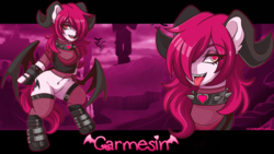 Size: 3840x2160 | Tagged: safe, artist:ciderpunk, oc, oc only, oc:carmesin, demon, demon pony, original species, succubus, undead, bipedal, choker, clothes, darksynth, demon horns, eyeshadow, glowing, high res, horn, jewelry, looking at you, makeup, necklace, sensual, sexy, spikes, underworld