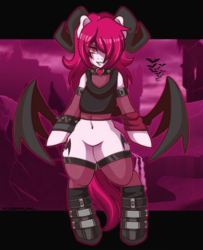 Size: 1624x2000 | Tagged: safe, artist:ciderpunk, oc, oc only, oc:carmesin, demon, demon pony, original species, succubus, undead, bipedal, choker, clothes, darksynth, demon horns, eyeshadow, glowing, horn, jewelry, looking at you, makeup, necklace, sensual, sexy, spikes, underworld
