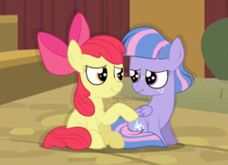 Size: 1936x1400 | Tagged: safe, artist:squipycheetah, apple bloom, wind sprint, earth pony, pegasus, pony, common ground, g4, apple bloom's bow, bonding, bow, butt touch, comforting, cute, duo, duo female, eye contact, female, filly, folded wings, freckles, friendshipping, hair bow, happy, hoof on butt, looking at each other, looking back, raised hoof, sitting, smiling, watermark, wings