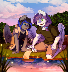 Size: 2457x2601 | Tagged: safe, artist:hakkids2, oc, oc only, pegasus, anthro, unguligrade anthro, anthro oc, clothes, grass, high res, hoodie, open mouth, pond, sailboat, scenery, shorts, toy boat, underhoof, water