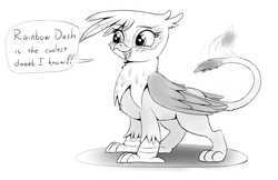 Size: 1163x755 | Tagged: safe, artist:firenhooves, gilda, griffon, g4, blushing, cute, dweeb, female, gildadorable, heart eyes, motion lines, simple background, sketch, smiling, solo, speech bubble, standing, tail wag, white background, wingding eyes, wings