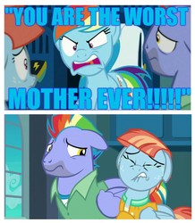 Size: 1265x1453 | Tagged: safe, edit, edited screencap, screencap, bow hothoof, rainbow dash, windy whistles, pony, g4, parental glideance, abuse, crying, downvote bait, excessive exclamation marks, op is a duck, op is trying to start shit, ouch, rainbow dash's parents, rainbow douche, sad, why, windybuse