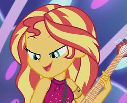 Size: 882x720 | Tagged: safe, artist:axelsanchez, screencap, sunset shimmer, equestria girls, equestria girls series, g4, spring breakdown, spoiler:eqg series (season 2), bracelet, clothes, dress, female, guitar, jewelry, singing, sleeveless, solo