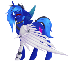 Size: 3000x2545 | Tagged: safe, artist:sodapopfairypony, oc, oc only, oc:diamond sparkle, pegasus, pony, amputee, artificial wings, augmented, female, high res, mare, mechanical wing, one eye closed, prosthetic limb, prosthetic wing, prosthetics, simple background, solo, transparent background, wings, wink