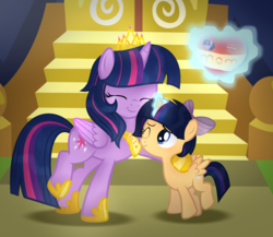 Size: 2232x1936 | Tagged: safe, artist:alizeethepony2008, twilight sparkle, oc, oc:shining star, alicorn, pony, g4, alicorn oc, alternate hairstyle, base used, bow, female, filly, hair bow, hug, magic, mare, mother and daughter, offspring, one eye closed, parent:flash sentry, parent:twilight sparkle, parents:flashlight, telekinesis, twilight sparkle (alicorn)