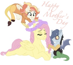 Size: 768x688 | Tagged: safe, artist:pastel-charms, fluttershy, oc, oc:harmonic chord, oc:low-key paradox, draconequus, hybrid, pony, g4, braid, eyes closed, female, floral head wreath, flower, interspecies offspring, male, mother and daughter, mother and son, offspring, parent:discord, parent:fluttershy, parents:discoshy, prone, simple background, white background