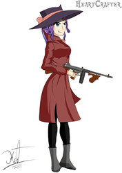 Size: 3508x4961 | Tagged: safe, artist:heart324, rarity, human, equestria girls, g4, bow, clothes, detective rarity, female, full body, gun, humanized, simple background, solo, standing, tommy gun, trenchcoat, weapon, white background