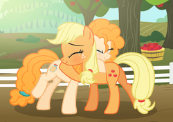 Size: 970x686 | Tagged: safe, artist:darbypop1, applejack, pear butter, earth pony, pony, g4, apple, apple tree, blushing, crying, cute, duo, female, food, hatless, hug, if only, like mother like daughter, like parent like child, mare, missing accessory, mother and daughter, mother's day, tears of joy, tree