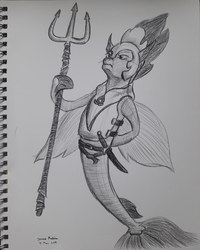 Size: 2448x3060 | Tagged: safe, artist:rockhoppr3, seapony (g4), high res, monochrome, solo, traditional art, trident