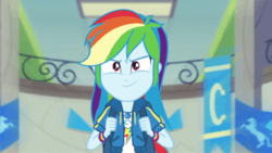 Size: 400x226 | Tagged: safe, screencap, rainbow dash, equestria girls, g4, my little pony equestria girls: better together, run to break free, backpack, bracelet, canterlot high, chs flag, confident, female, geode of super speed, jewelry, magical geodes, solo