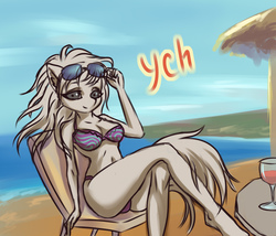 Size: 1100x943 | Tagged: safe, artist:derpifecalus, anthro, auction, beach, bikini, clothes, commission, female, sketch, solo, sunglasses, swimsuit, tail, your character here