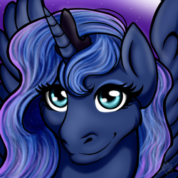 Size: 1300x1300 | Tagged: safe, artist:julis-rocks, princess luna, alicorn, pony, g4, bust, ethereal mane, female, mare, night, smiling, solo, spread wings, starry mane, stars, wings