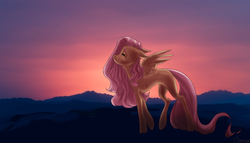 Size: 4188x2394 | Tagged: safe, artist:chepymur, fluttershy, pegasus, pony, g4, eyes closed, female, floppy ears, mare, missing cutie mark, profile, smiling, solo, spread wings, sunset, wings
