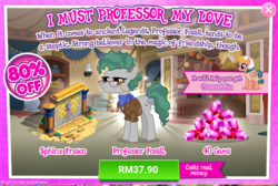Size: 1036x696 | Tagged: safe, gameloft, professor fossil, somnambula, earth pony, pony, g4, advertisement, costs real money, female, gem, introduction card, mare