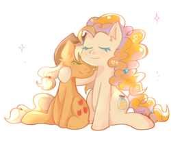 Size: 1200x1000 | Tagged: safe, alternate version, artist:whiskyice, applejack, pear butter, earth pony, pony, g4, background removed, eyes closed, female, mare, mother and daughter, simple background, transparent background