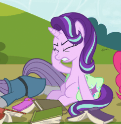 Size: 346x353 | Tagged: safe, screencap, maud pie, pinkie pie, starlight glimmer, pony, unicorn, g4, rock solid friendship, animated, book, cropped, female, glowing horn, horn, saddle bag, solo focus