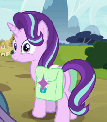 Size: 424x482 | Tagged: safe, screencap, starlight glimmer, pony, unicorn, g4, rock solid friendship, season 7, animated, cropped, cute, female, glimmerbetes, offscreen character, raised hoof, saddle bag, smiling, solo
