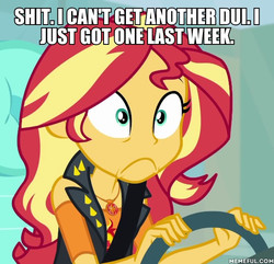 Size: 600x578 | Tagged: safe, edit, edited screencap, screencap, sunset shimmer, driving miss shimmer, driving miss shimmer: fluttershy, equestria girls, g4, my little pony equestria girls: better together, cropped, female, geode of empathy, impact font, magical geodes, memeful.com, solo