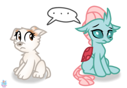 Size: 1401x973 | Tagged: safe, artist:rainbow eevee, ocellus, oc, oc:skooch, dog, g4, ..., awkward, female, looking at each other, puppy, simple background, waiting, white background, word bubble