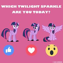 Size: 1080x1080 | Tagged: safe, twilight sparkle, alicorn, pony, g4, official, close enough, emoji, facebook, female, four wings, mare, multiple wings, nailed it, purple background, self ponidox, simple background, text, twilight sparkle (alicorn), twilight sparkle month, wat, wings, you had one job