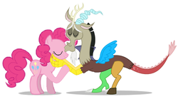 Size: 670x373 | Tagged: safe, artist:mixermike622, artist:nathaniel hansen, discord, pinkie pie, pony, g4, eyes closed, female, forehead kiss, husband and wife, kissing, love, male, romantic, ship:discopie, shipping, simple background, straight, white background