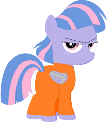 Size: 1140x1286 | Tagged: safe, artist:sollace, artist:stephen-fisher, wind sprint, pegasus, pony, common ground, g4, bound wings, butt, clothes, female, jumpsuit, looking back, mischievous, plot, prison outfit, prisoner, smiling, smirk, solo, wings