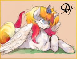 Size: 2475x1914 | Tagged: safe, artist:alts-art, oc, oc only, oc:hotfix, bird, pegasus, pony, colored sketch, crossed hooves, ear fluff, gradient mane, gradient tail, grass, looking at each other, looking up, lying down, male, music notes, orange background, signature, simple background, sketch, solo, stallion, sweat, sweatdrop, watercolor painting, wing fluff, wings