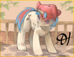 Size: 2475x1914 | Tagged: safe, artist:alts-art, oc, oc only, oc:iuth, pony, unicorn, backwards ballcap, baseball cap, brick wall, cap, cobblestone street, colored sketch, crouching, hat, horn, leaves, looking at you, male, music notes, orange background, railing, signature, simple background, singing, sketch, solo, stallion, watercolor painting