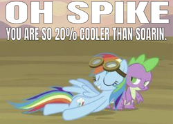 Size: 669x479 | Tagged: safe, edit, edited screencap, editor:undeadponysoldier, screencap, rainbow dash, spike, dragon, pegasus, pony, g4, hurricane fluttershy, 20% cooler, bad quality, caption, female, goggles, image macro, implied shipping, implied soarin', implied soarindash, implied straight, leaning, mare, needs more jpeg, quality, roasted, ship:rainbowspike, shipping, shipping drama, straight, text, unamused