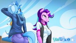Size: 1920x1080 | Tagged: safe, artist:mysticalpha, starlight glimmer, trixie, unicorn, anthro, g4, ass, breasts, busty starlight glimmer, butt, clothes, female, lesbian, mare, ship:startrix, shipping